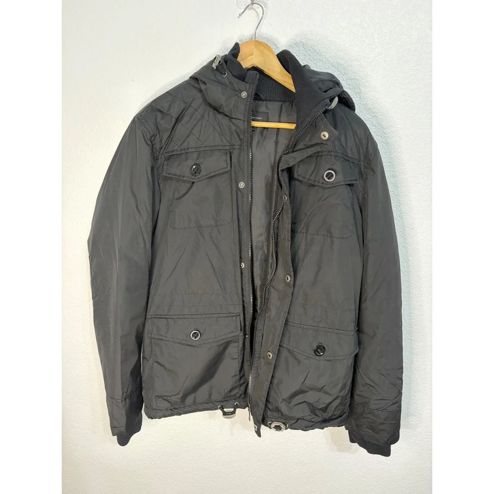 INC International Concepts Mens Hooded Field Jacket Black Quilted Utility M